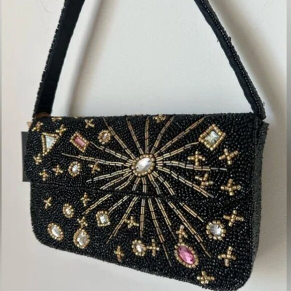 Made in India Tik Tok Viral Beaded Shoulder Bag Black Star Rhinestones Jewels - Picture 2 of 5